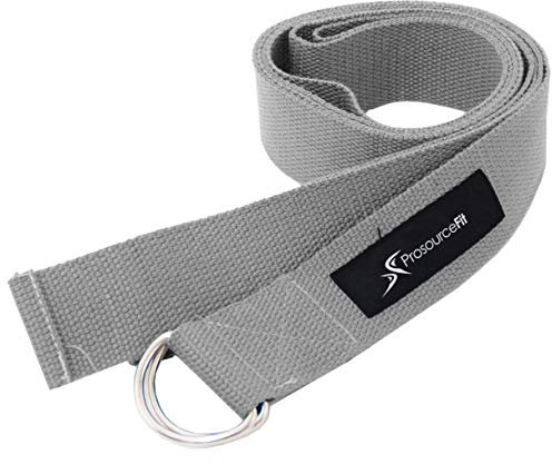 ProsourceFit Metal D-Ring Yoga Strap 8â Durable Cotton for Stretching and Flexibility, Gray