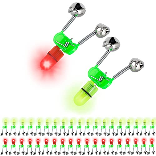OHOH 40Pcs LED Night Fishing Rod Bite Bait Alarm Light with Twin Bells Ring Fishing Bite Alarm Indicator (20 Red Lights and 20 Green Lights)