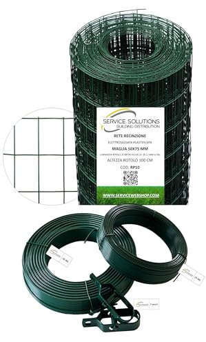 Rotolo 25 Metri Rete Metallica Zincata Plastificata Elettrosaldata Rigida per Recinzione Con di Filo Tensione, Filo Legatura e 2 Tendifilo (H. 100)