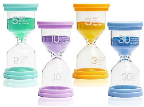 Sanduhr,Timer,Küchentimer, GlasTimer, Sanduhren Set für Kinder, Zahnputzuhr für Kinder Zähneputzen Klassenzimmer Spiele Büro Schreibtisch Deko Küchentimer, 3/5/10/30, 4 Stück