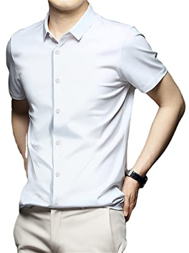 MAOAEAD Camisas para Hombre, sin Planchado Ajustadas elásticas de Manga Corta para Negocios Verano Seda Resistentes Arrugas Camisas Formales (39/M,White D-1)