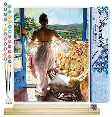 Figured'Art Peinture par Numéro Adulte Femme à sa Fenêtre - Activité Manuelle Kit de Loisir Créatif DIY Numéro d'Art Complet - 40x50cm avec châssis en bois à monter