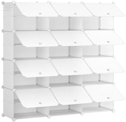 HOOBRO Mueble Zapatero, 12 Compartimentos, Modular Zapatero, Estantería de Plástico, con Puerta, Compartimento 40 x 30 x 30 cm, para Salón, Pasillo, Entrada, Dormitorio, Blanco EWT38SC01G1