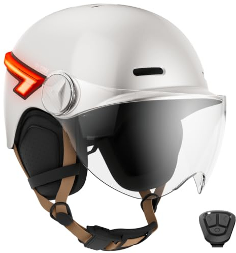 CASR Glow Casque Vélo & Trottinette, LED - Adulte Homme & Femme - Crème, M | Visière XL & Cache-Oreilles Amovibles, LEDS et Clignotants arrières & Télécommande, Matériaux Résistants, Taille Ajustable