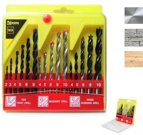 Coffret de 16 Forets Assortis - HSS pour Métal, Bois avec Pointe de Centrage et Pierre/Béton - Boîte de Rangement - Kit Accessoires Bricolage