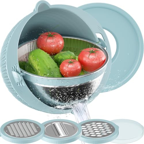 XXWZJH 4-1 Colander with Mixing Bowl Set, Food Strainers and Colanders for Kitchen,Fruit Cleaner, Salad Spinner, Strainers for Kitchen (Blue)