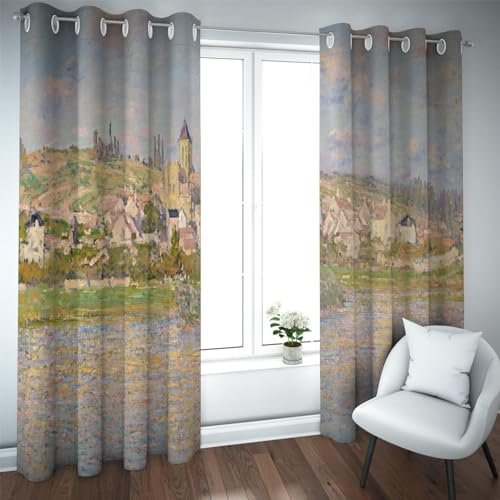 PARREN Vétheuil Landschaft Verdunkelungsvorhänge für Schlafzimmer Claude Monet Thema Fenstervorhänge für Wohnzimmer Küche Thermovorhänge Öse 140x270cm