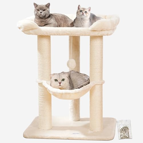 Happi N Pets 71CM Kratzbaum für Katzen, Hoher Kratzstamm mit großem Bett für große Katzen, Sisal-Kratzbaum mit weicher Liegefläche & Hängematte, Stabiler Katzenbaum, Abnehmbarer Bezug-Beige