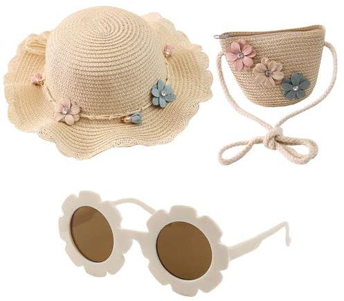 EHDWXVZM 1 Kinder-Strohhut Mit 1 Strohbeutel, 1 Sonnenbrille, Strohhut, Floraler Deko-Hut, Süßer Strandhut, Kinder-Sonnenschutz-Set