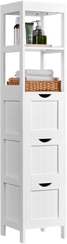 Yaheetech Tall Bathroom Cabinet, Wooden Storage Cabinet with 3 Drawers and 2 Open Shelves, Tall Slim Cupboard Storage Organizer, 30 cm L × 30 cm W × 142 cm H for Bathroom, Living Room, Kitchen