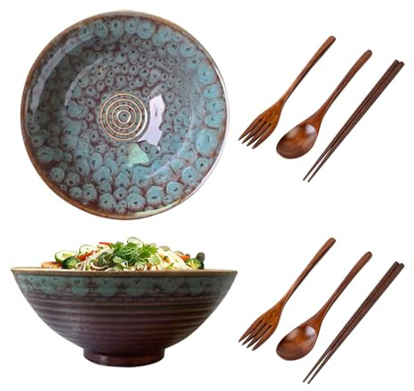 Juego de 2 cuencos para sopa con palillos, tenedor y cuchara, 1200 ml, cuenco de ensalada de cerámica para fideos udon asiáticos, cuenco grande de 20 cm (cola de pavo real)