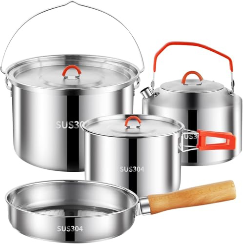 Juego de utensilios de cocina para camping 304 de acero inoxidable | Utensilios de camping duradero equipo de camping con hervidor de agua para senderismo al aire libre cocina picnics