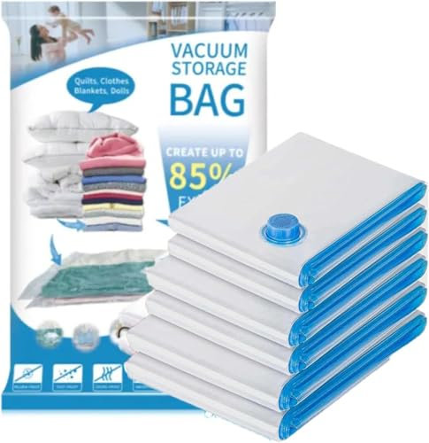 Vacuum Storage Bags Pack of 6 (2 Medium, 2 Large, 2 Jumbo) - Space-Saving Bags for Clothes, Duvets & Bedding - Reusable Compression Storage Bags with Airtight Zipper & Valve