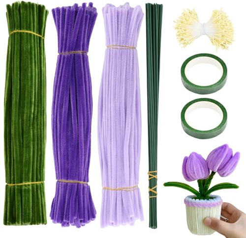 Anseom 300 Piezas Limpiapipas para Manualidades, 30cm Tallos de Chenilla de Colores, Limpiapipas de Chenilla para Flores de Tulip con 20 Tallos de Flores, 2 Cinta de Flores (Morado)