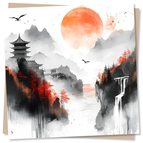 Beautiful Just A Note Japanese Design Card for a Loved One - Birds, Mountains, Nature - Thoughtfulness, Message - for A Special Someone, Partner, Friend, Relative