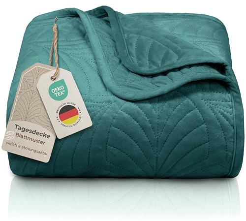 Gräfenstayn copriletto trapuntato matrimoniale 170x210 cm estivo in poliestere – certificato OEKO‑TEX, antigualcitura, decor foglia – elegante coperta letto & sofà (verde scuro)