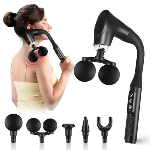 Pistola de masaje doble cabeza con mango U alargado, 12 velocidades, aparato de masaje silencioso de 36 dB con 5 puntas, pantalla LCD y tipo C para espalda, nuca, piernas, fascia