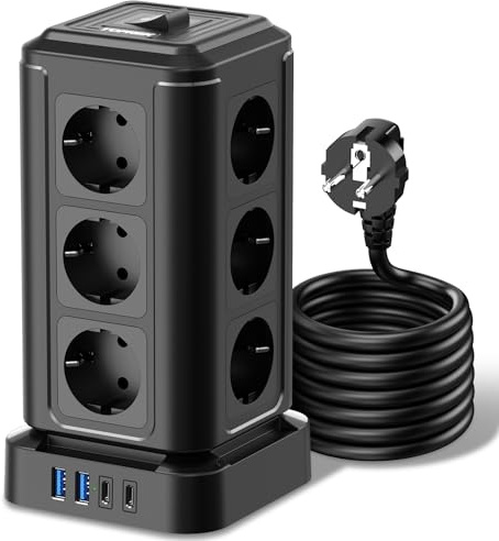 Torre Regletas Enchufes con 4 USB, Enchufe Multiple 12 Tomas de AC y USB A y USB C (20 W PD3.0 Carga Rápida) 3680W/16A, Torre de Enchufes con Interruptor para Oficina, Cocina, Mesa, Cable de 2 M