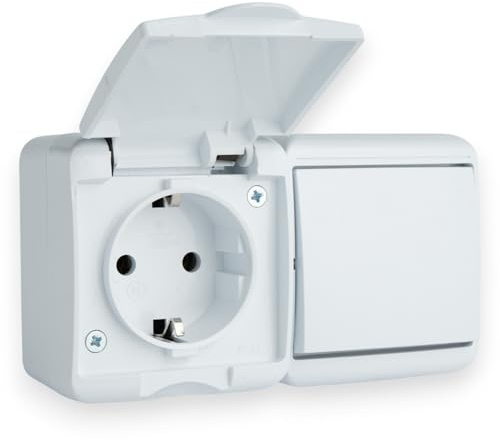 Presa da parete a 1 scomparto con coperchio a scatto e interruttore della luce, IP44, 230 V, 16 A, interruttore a bilanciere, interruttore di controllo a bilanciere orizzontale, antipolvere, per