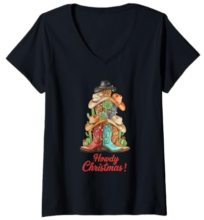 Donna Cowboy Occidentali, Howdy Natale e Albero, Stivali da Cowboy Maglietta con Collo a V
