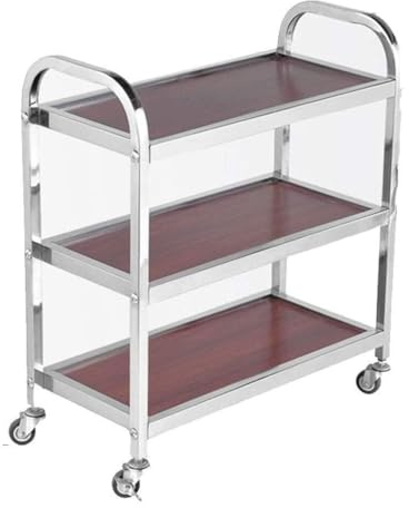 Carrello da cucina a 3 livelli su ruote, carrello da portata in acciaio inox con parte superiore in legno, utile portaoggetti con freno, versatile carrello da cucina per mangiare e divertirsi