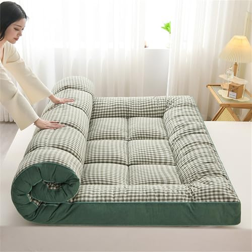 Japansk golvmadrass, tjock futon, vikbar sovsal, säng, grön, pläd, sängkläder med kudde, 180 x 200 cm, bekväm sovdyna för hemmabruk