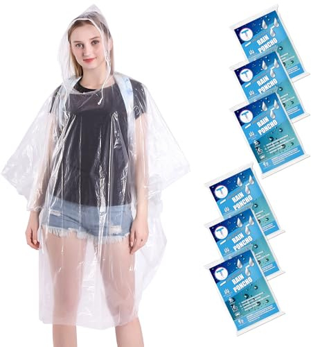 TUNCHMO Disposable Rain Ponchos for Adults (6 Pack) 50% Thicker Emergency Ponchos-Clear