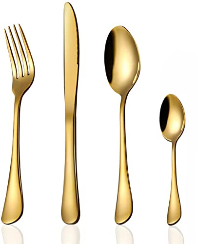 HaWare 24 Piece Gold Cutlery Flatware Set, Classical Stainless Steel Silverware with Knife Spoon Fork, Service for 6, Mirror Finish, Dishwasher Safe