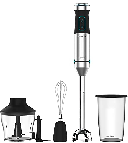 Cecotec Batidora de mano Power TitanBlack 1500 XL Cream&Crush. Potencia 1500 W, Cuchilla 4 hojas con revestimiento titanio, Pie XL, Campana antisalpicaduras, Velocidad ajustable, Función Turbo