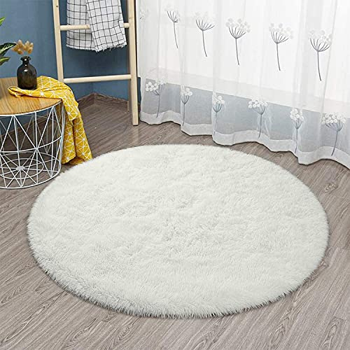 Tinyboy-hbq Round Area Rugs Fluffy Bedroom Rug Shaggy Bedroom Bedside Household Carpet Soft Modern Plush Carpets Suitable for Home Decor(White, Diameter 100cm)