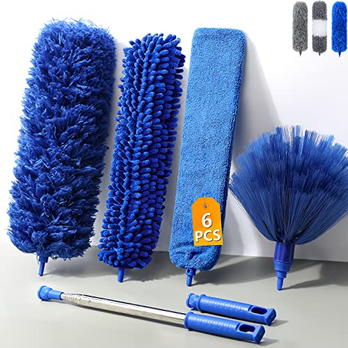 Staubwedel Teleskop Waschbar,Staubwischer Teleskop Stange und Biegbar Eckbesen,Duster Mikrofaser Edelstahl mit teleskopstange lang ausziehbar bis 245cm,Staubbürste für Lücken Decken Spinnweben blau 6