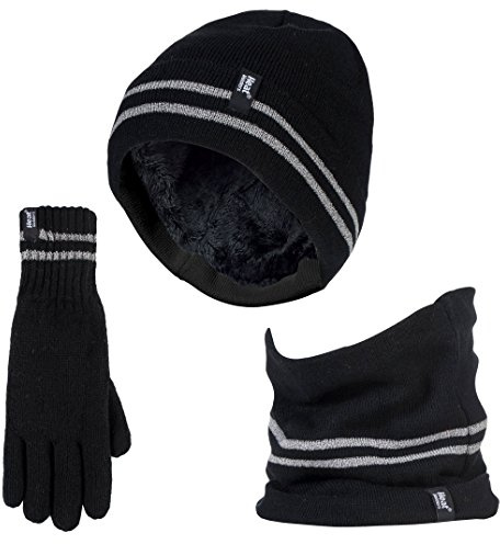 HEAT HOLDERS Hi Vis Hat, Neck Warmer & Gloves Set Reflective Workwear Set for Extreme Cold Weather (L-XL, Black)