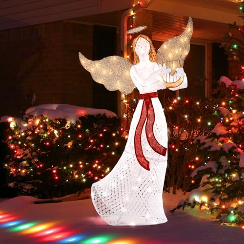 COSTWAY Angelo Illuminato con Arpa, Decorazione di Natale Illuminata con 120 Luci LED, Aureola, Fascette e Picchetti da Terra, per Giardino, Cortile e Prato (Modello 8)