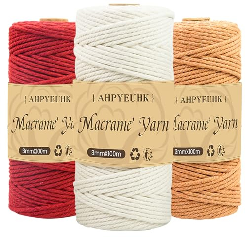 3mm Filo per Macrame 3 rotoli Set di Corda Macrame 300m Corda Macrame Naturale, Macramè Filo Morbido per Arazzi, Appendini per Piante, Artigianato Fai da Te (rosso mattone beige rosso vino)