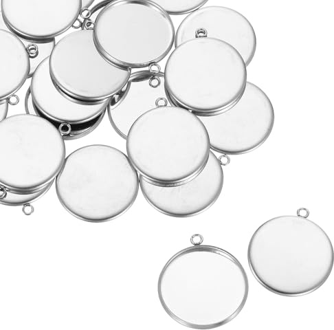 QUARKZMAN Base de bandeja de colgante redondo 30pcs 20 mm plata | Base en blanco de ajuste de cabujón de acero inoxidable manualidades DIY y fabricación de llaveros