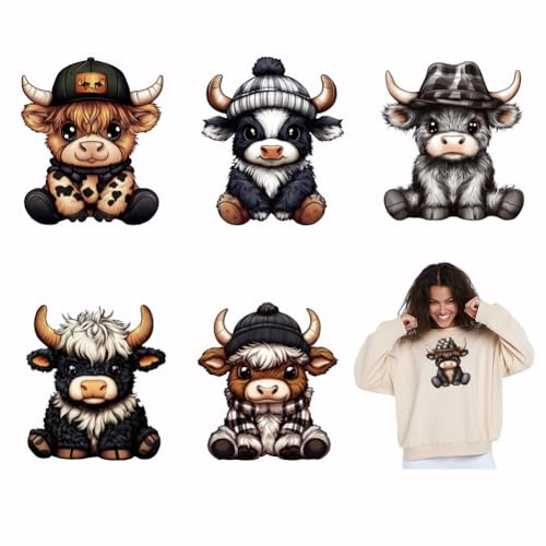 SUPERDANT 6pcs Cartoon Highland Cow Iron on Transfer Paper Highland Cattle Heat Transfer Sticker Cute Animal Iron-on Decals DTF Transfers Ready to Pressfor Clothing T-Shirt Jeans Backpacks Decor