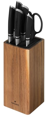 Navaris Soporte con Cerdas para Cuchillos - Bloque de Acacia para Utensilios de Cocina con Espacio para Tijeras - Base Universal Madera para Cuchillos