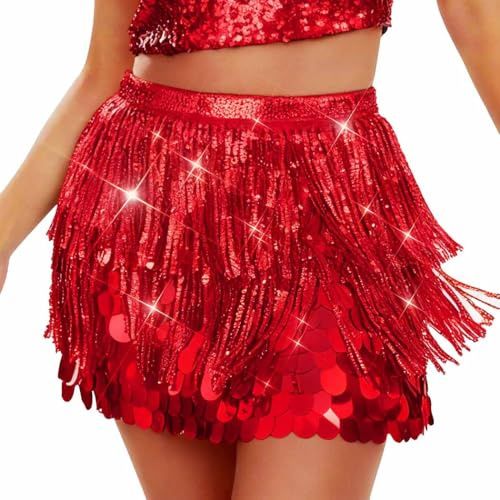 Atigy Pink Sequin Skirt Sparkly Belly Dance Skirt Fringle Mermaid Costume Skirts for Women (UK, Alpha, One Size, Regular, Regular, Red)