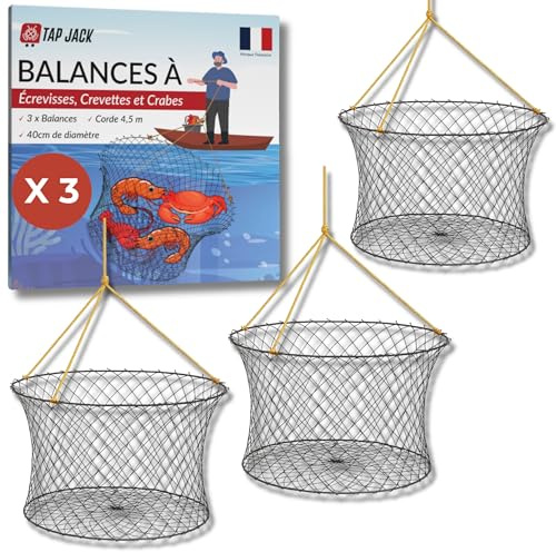 TAP JACK - Lot De 3 Nasses À Écrevisses - Grand Diamètre 40 Cm - Corde 4,5m - Épingle À Appât – pour Pêche en Lac, Rivière Ou Étang – Filets De Capture D’écrevisses, Crabes Et Crevettes