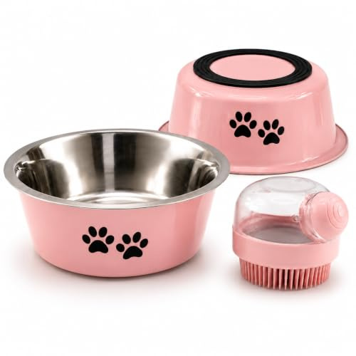 Comedero Perro Rosa 2x860ml, Cuencos de Acero Inoxidable Antideslizantes, Platos para Perros y Gatos pequeños y medianos, Set 2 Unidades para Agua y Comida, Incluye Cepillo de baño con dispensador