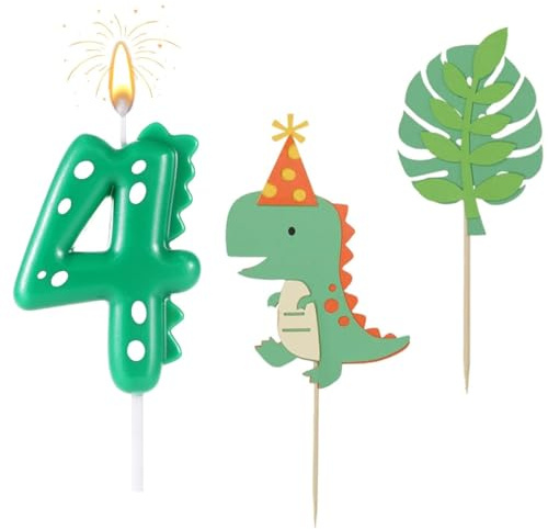 Velas Cumpleaños 4 Años Dinosaurio, Vela Número 4 con 2 Piezas Cake Topper Dinosaurios, Decoración Tarta Cumpleaños Original para Niños Niñas y Adultos, Suministros para Celebración de Cumpleaños