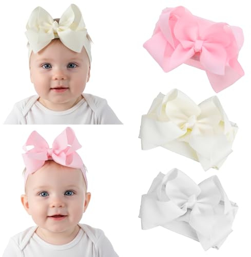 6 Inch Baby Headbands for Girls - Ultra Soft Nylon Hair Bows, Stretchy Elastic Headband for Newborns & Toddlers | Gentle & Secure, Ideal for Photography, Gifts | 3-Pack (Beige, Pink, White)