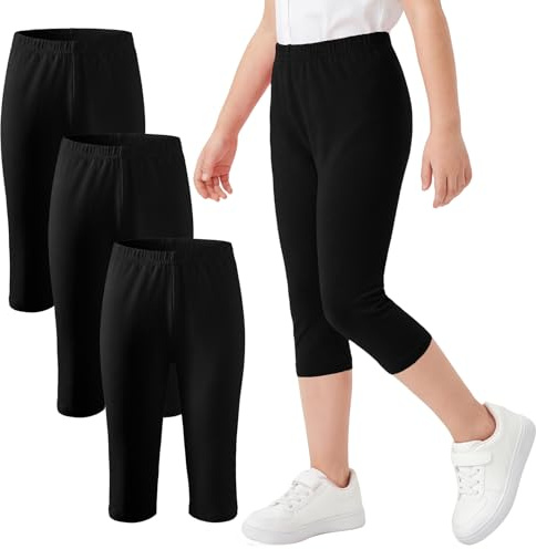 FILOWA Niñas Leggings Pack de 3 Algodón Capri Mallas, 6-7 Años, Negro