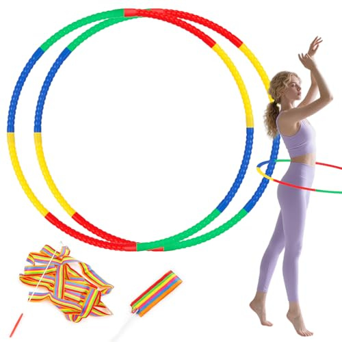 Quorumsg 4 Pièces Cerceau Hula Hoop Kit, Comprend 2 Rubans de Danse | Amovibles Durable Cerceaux Hula Hoop, Poids Ajustable Cerceau Fitness, pour Fitness Sport Cerceaux de Gymnastique