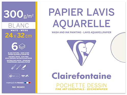 Clairefontaine 96340C - Pochette Dessin Scolaire - 6 Feuilles Papier Dessin Lavis Aquarelle - 24x32 cm 300g - Idéal pour les Arts Plastiques