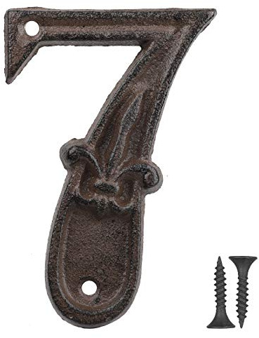 Vandicka Números de forja para indicar la numeración de las casas, puertas y calles, color marrón envejecido, acabado óxido con estampado de flor de lis, 12 cm, 7