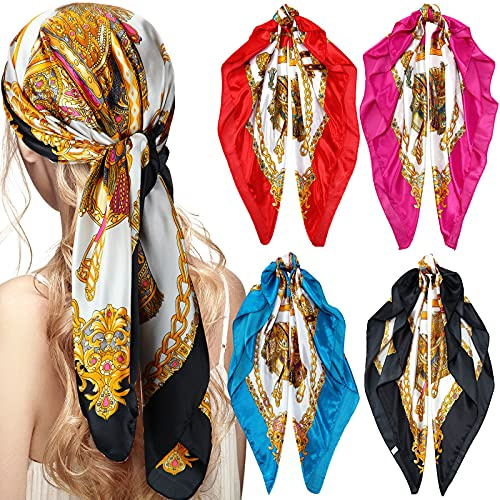 Honoson 4 Pcs 35 Inch Satin Head Scarf for Women's Hair Square Bandanas Large Silk Scarves for Sleeping(Stylish Series)