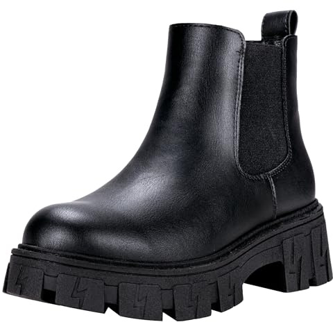 Jeossy Women's Black Chelsea Combat Boots, Platform Ankle Boots Chunky Heel, Fashion Lug Sole Slip on Booties with Elastic Band, 9620 Size 9 (DJY9620 Black 09)