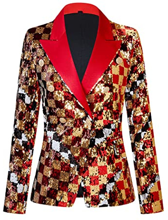 CARFFIV Women's Fashion Double-Breasted Banquet Party Holiday Sequin Long Sleeve Jackets,Plaid,L