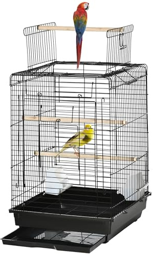 PawHut Bird Cage Parrot Cage Cockatiel Cage 59cm with Openable Top, Stand, Tray, Handles, Feeding Bowls for Parakeet, Sun Conures, Black